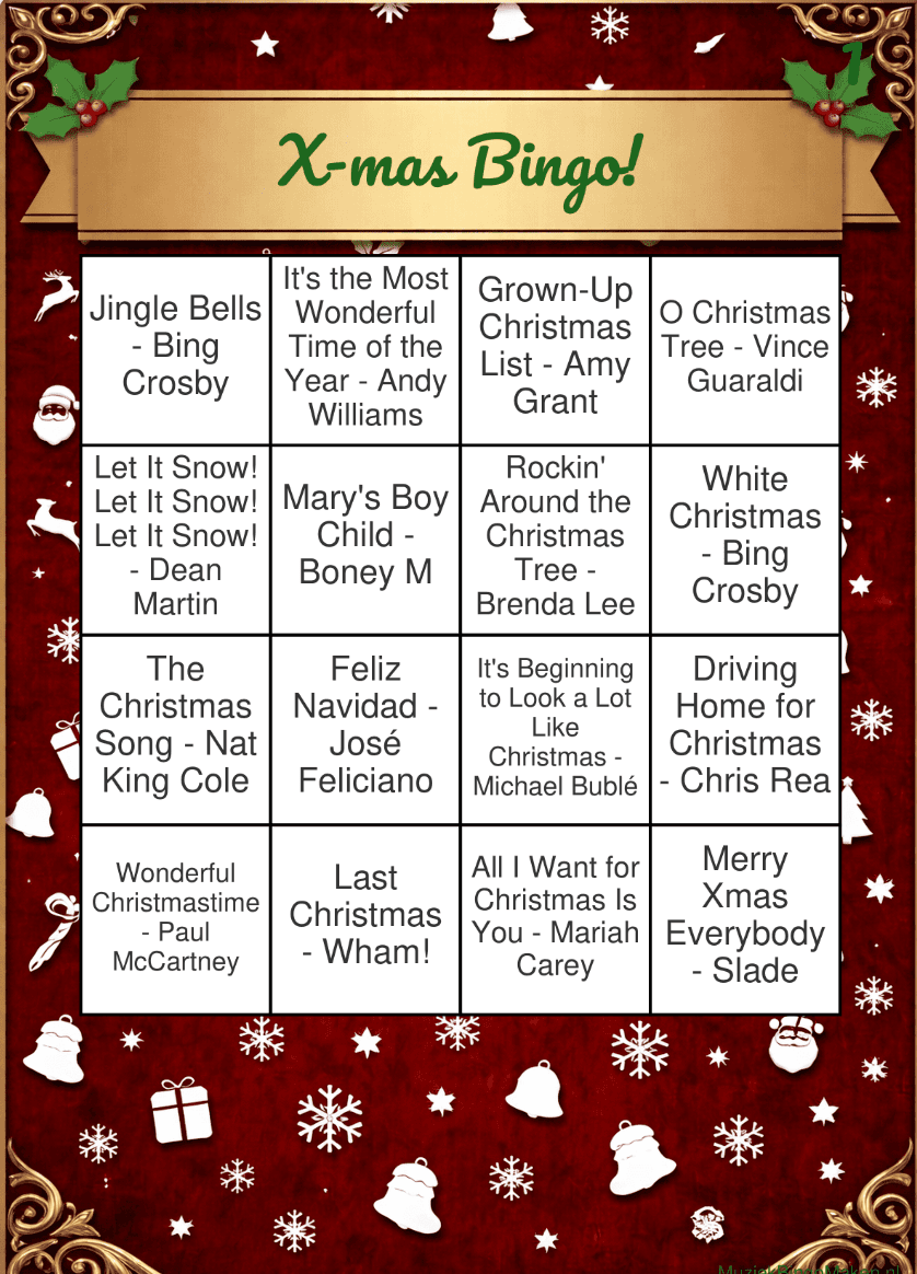 Voorbeeld van een kerst muziekbingo kaart met kerstliedjes